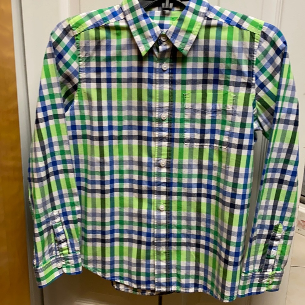Plaid green, blue and white colors, button down shirt, long sleeve, boys 10-12,